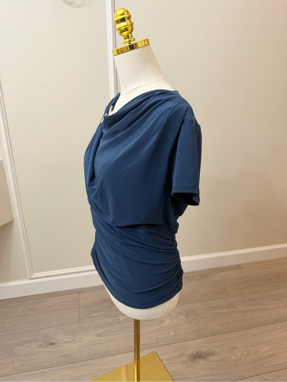 White House Black Market Navy Short-Sleeve Draped Top with Ring Accent - Picture 3 of 6
